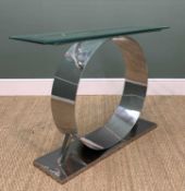 CONTEMPORARY STAINLESS STEEL & GLASS CONSOLE TABLE, circular mid-section with bevelled glass top,
