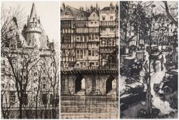 THREE ETCHINGS, comprising 1. FREDERICK B. TAYLOR - tall building through trees, probably Canada,