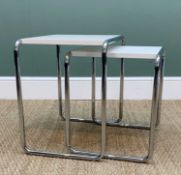 MARCEL BREUER FOR THONET, pair B9 chrome and white occasional tables, label, 53w x 50h x 39cms d (