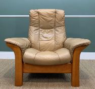 NORWEGIAN EKORNES STRESSLESS 'WINDSOR' RECLINING LEATHER ARMCHAIR, fawn leather upholstery, 94cms w