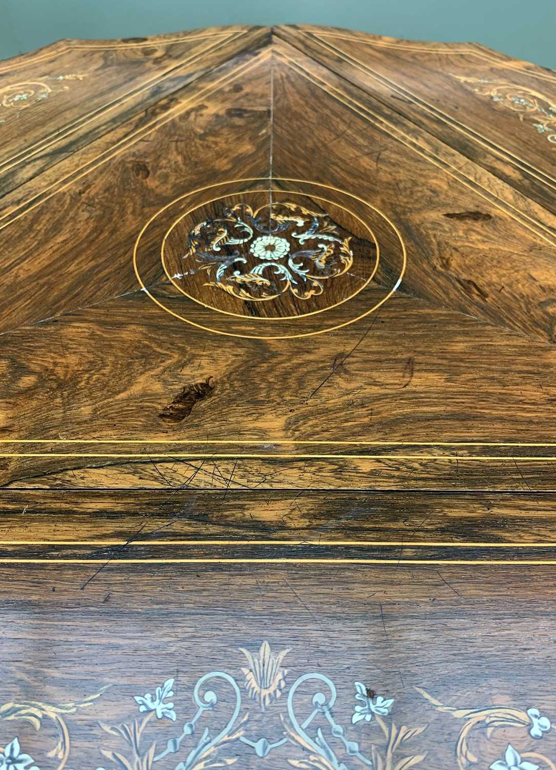 LATE 19TH CENTURY ROSEWOOD TRIANGULAR OCCASIONAL TABLE, shaped drop-flap top with boxwood stringing, - Image 4 of 7