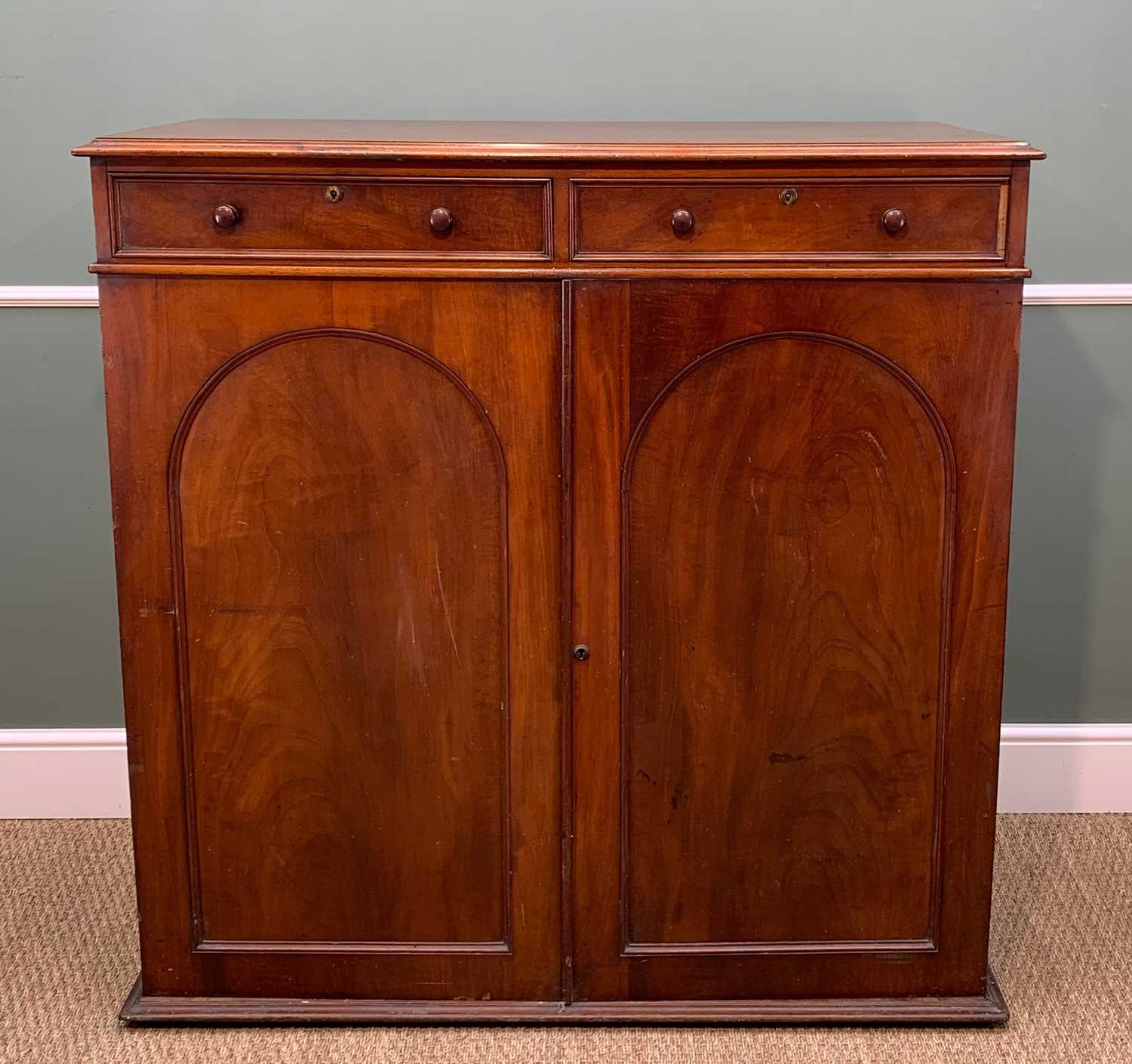 19TH CENTURY MAHOGANY CABINET, fitted two drawers above arch panelled doors enclosing sliding - Image 3 of 7