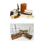 THREE VARIOUS SCALES, comprising one set Avery medical scales with brass pans, with drawer,