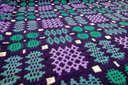 WELSH WOOLLEN TAPESTRY BLANKET, woven in 5-colours with purple, green, white, lilac and black yarns,
