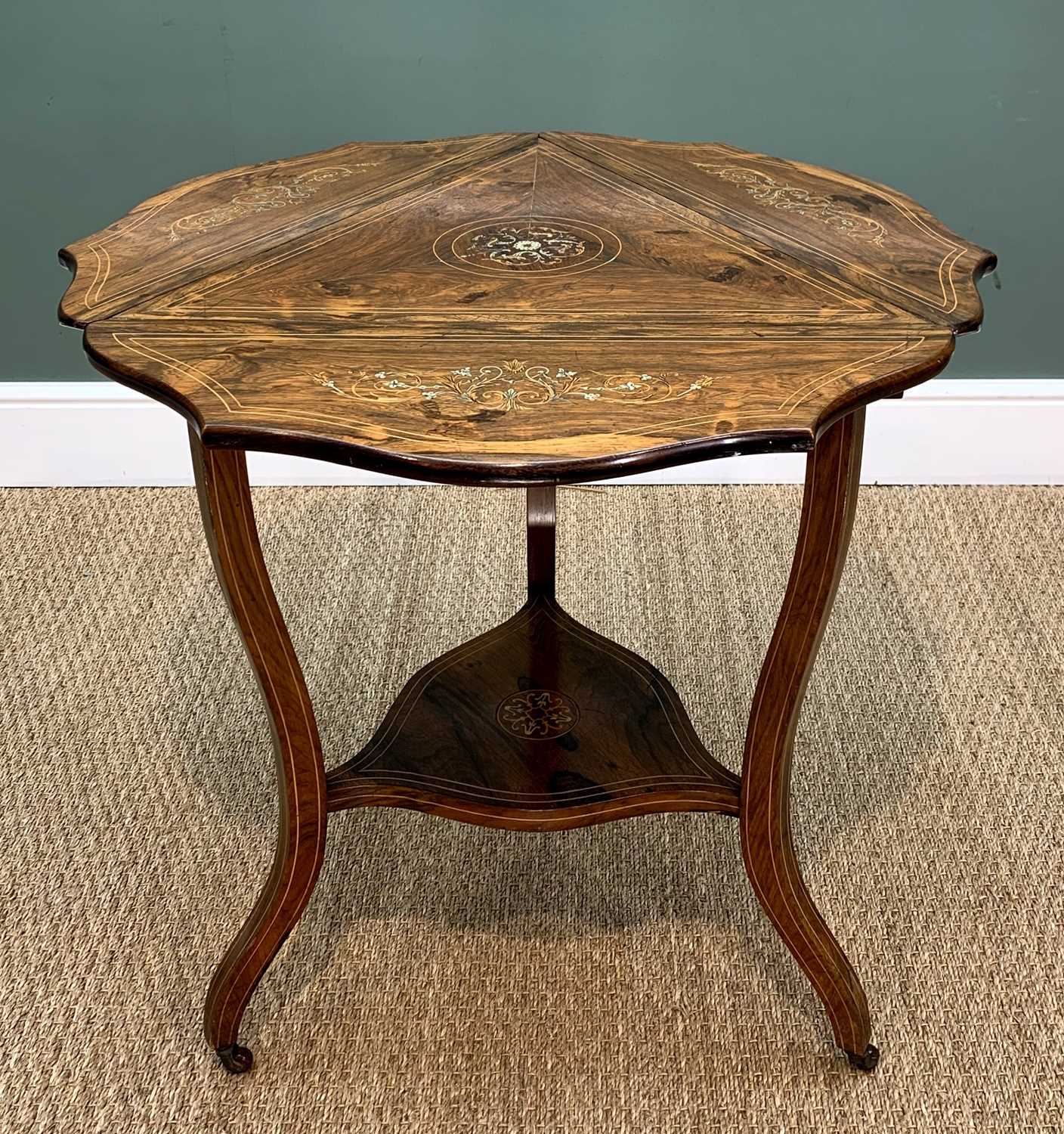 LATE 19TH CENTURY ROSEWOOD TRIANGULAR OCCASIONAL TABLE, shaped drop-flap top with boxwood stringing, - Image 3 of 7