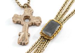 GOLD JEWELLERY comprising yellow metal cross pendant on 9ct chain, yellow metal mourning bracelet