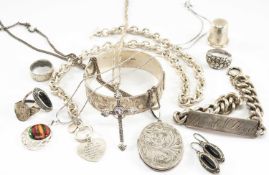 ASSORTED SILVER JEWELLERY comprising silver engraved hinged bangle, silver I. D. bracelet, silver
