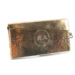9CT GOLD CALLING CARD CASE, of slim curved form, beaten finish, engraved initials 'R. A.', 46.4gms