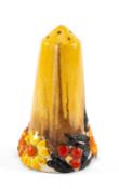 CLARICE CLIFF 'MY GARDEN' SUGAR SIFTER, c.1935, with black, orange, yellow moulded base, 14cms h