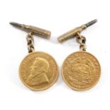 PAIR OF SOUTH AFRICAN 1/2 POND COIN CUFFLINKS, dated 1895 and 1897, with bullet terminals, 11.4gms