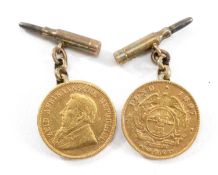 PAIR OF SOUTH AFRICAN 1/2 POND COIN CUFFLINKS, dated 1895 and 1897, with bullet terminals, 11.4gms