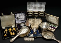 ASSORTED SILVER, including Continental pedestal bowl, cigarette case, hairpin box, silver back
