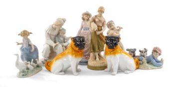 ASSORTED CONTINENTAL PORCELAIN FIGURINES, including pair seated pugs 16cms h, Royal Dux watercarrier