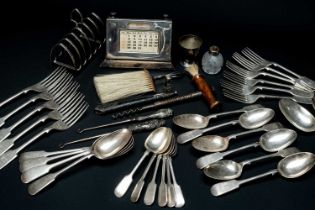 ASSORTED VICTORIAN SILVER & EPNS FIDDLE PATTERN FLATWARE, patent desk calendar, knife sheath, button