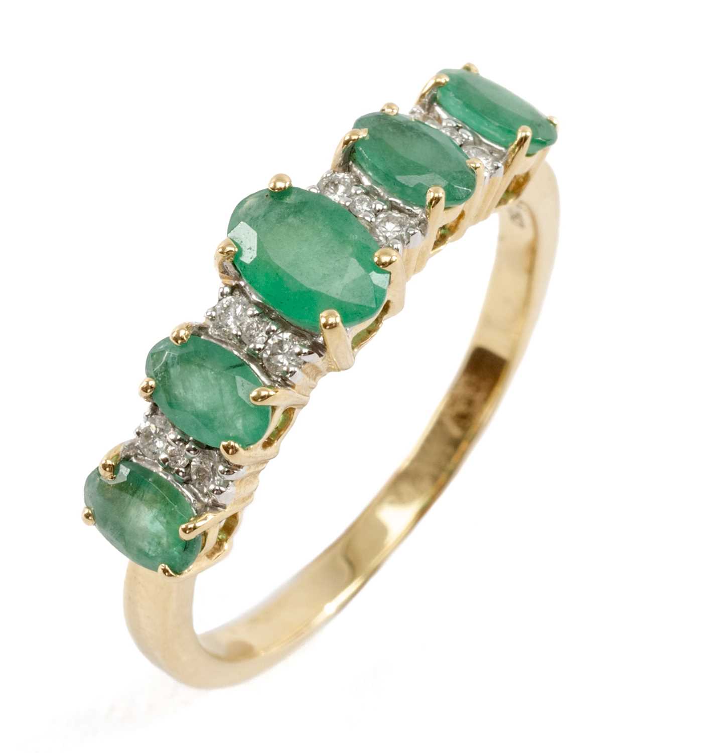 18CT GOLD FIVE STONE EMERALD & DIAMOND CHIP RING, ring size S, 4.2gms, in The Diamond Store ring box