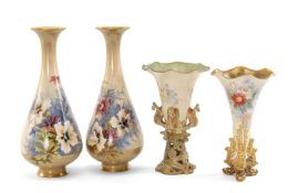 FOUR DOULTON LAMBETH 'CROWN' POTTERY VASES, comprising pair pear shaped vases, 29cms h, and two