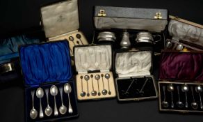 ASSORTED CASED SILVER TABLEWARE, including 2x sets coffee bean spoons, set 6 teaspoons, set 6 coffee