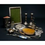 ASSORTED SILVER COLLECTIBLES, including pair small candlesticks, prayer book, toddle ladle, belt