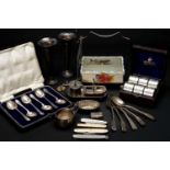 ASSORTED SILVER & EPNS, including cased set George V silver teaspoons, set plated napkin rings in