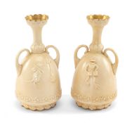 PAIR OF DOULTON BURSLEM TWIN HANDLED VASES, decorated with mice and frogs, printed marks to bases,