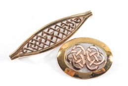 TWO 9CT GOLD BAR BROOCHES, oval Celtic design brooch and another similar, hallmarked with Welsh