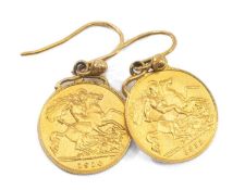 PAIR OF GEORGE V GOLD HALF SOVEREIGN EARRINGS, dated 1911 and 1914, 9.2gms (2) Provenance: