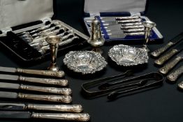 ASSORTED SILVER TABLEWARE, including 2 cased sets of 6 Kings pattern gateau forks and fruit