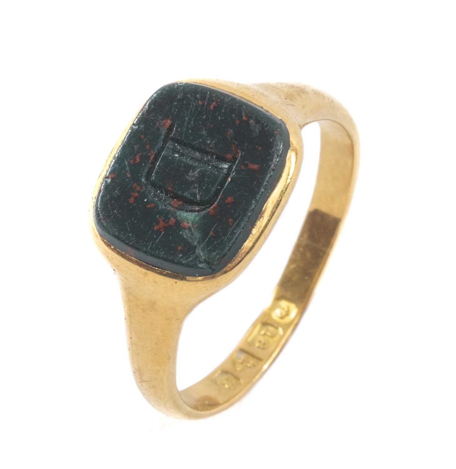 TWO GOLD BLOODSTONE SIGNET RINGS, comprising 18ct ring carved with initial 'D', 5.4g; and 9ct - Image 3 of 3