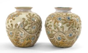 PAIR OF DOULTON LAMBETH STONEWARE VASES, designed by Bessie Newbery, having incised continuous