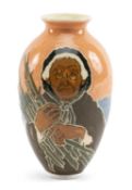 SCARCE ROYAL DOULTON SLIP-INLAID VASE, of slender oviform, decorated with an elderly peasant woman