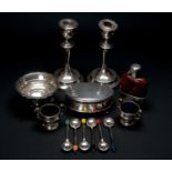 ASSORTED SILVER & EPNS, including George V spirit flask with leather sleeve 11cms h, pair urn