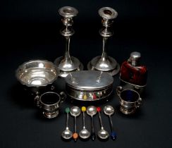 ASSORTED SILVER & EPNS, including George V spirit flask with leather sleeve 11cms h, pair urn