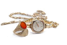 GOLD JEWELLERY comprising 9ct gold multi-link chain, 9ct gold signet ring, 9ct gold carnelian