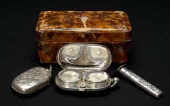 GENTLEMAN'S SILVER ACCESSORIES, comprising Edwardian double sovereign case, Birmingham 1905, Late