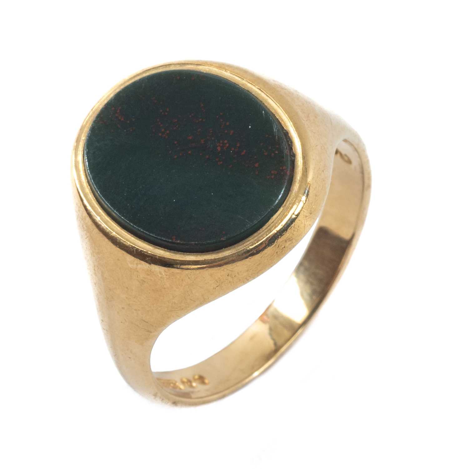 TWO GOLD BLOODSTONE SIGNET RINGS, comprising 18ct ring carved with initial 'D', 5.4g; and 9ct - Image 2 of 3