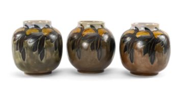THREE SIMILAR ROYAL DOULTON GLOBULAR VASES, decorated with lemons and leaves, numbered 7917,