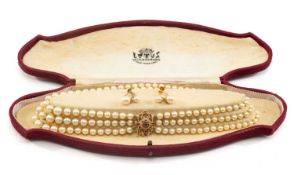 CASED LOTUS CULTURED PEARLS, 18ct gold gem set clasp with pair of 9ct gold associated pearl