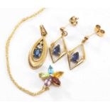 9CT GOLD SAPPHIRE & DIAMOND PENDANT, together with pair of 9ct gold amethyst earrings, and 9k gold