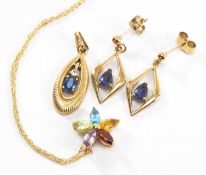 9CT GOLD SAPPHIRE & DIAMOND PENDANT, together with pair of 9ct gold amethyst earrings, and 9k gold
