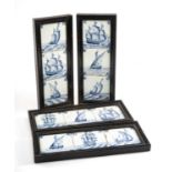 FOUR DELFT POTTERY TILE PANELS, each frame mounted with three blue and white tiles painted with