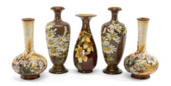 FIVE DOULTON IMPASTO VASES, comprising pair bottle vases painted with wildflowers and barley,