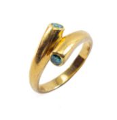 18CT GOLD TWO STONE BLUE DIAMOND RING, twist shank, ring size S, 9.3gms, in ring box Provenance: