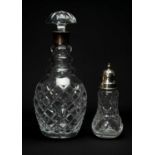 SILVER MOUNTED CUT GLASSWARE, comprising wine decanter and stopper with silver collar, London