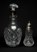 SILVER MOUNTED CUT GLASSWARE, comprising wine decanter and stopper with silver collar, London