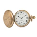 SWISS GOLD PLATED FULL HUNTER POCKET WATCH, white enamel dial signed ' Record', Roman numerals and