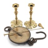 ASSORTED BRASSWARE, including pair 18th C. candlesticks 19.8cm h, Salter Spring Balance No. 20M to