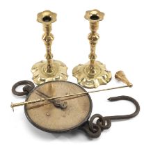 ASSORTED BRASSWARE, including pair 18th C. candlesticks 19.8cm h, Salter Spring Balance No. 20M to