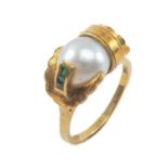 18CT GOLD PEARL & EMERALD RING, ring size K 1/2, 9.1gms, in vintage Wartski ring box Provenance: