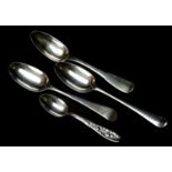 FOUR SILVER SPOONS, comprising George III Hanovarian pattern tablespoon, London 1768, reverse