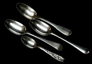 FOUR SILVER SPOONS, comprising George III Hanovarian pattern tablespoon, London 1768, reverse